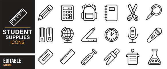 Editable vector icons representing essential educational tools, including pens, notebooks, and calculators.