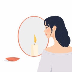 Young woman looking at reflection in mirror with candle nearby  