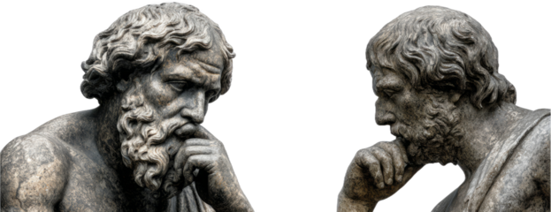 Classical Sculptures of Two Philosophers Engaged in Thoughtful Conversation in Transparent Background