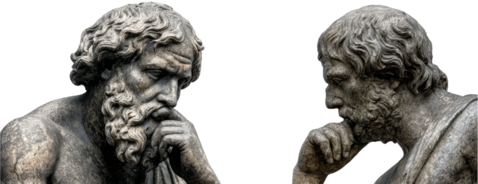 Classical Sculptures of Two Philosophers Engaged in Thoughtful Conversation in Transparent Background