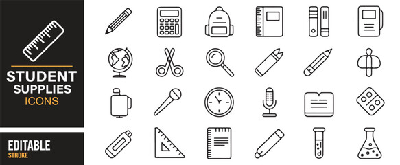 Set of vector icons depicting essential student supplies such as pencils, calculators, notebooks, and school tools.