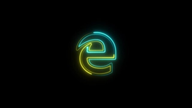 Cyan and yellow neon letter e symbol glowing on a dark background alphabet
