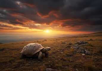 A solitary tortoise traverses a grassy landscape bathed in the warm glow of a dramatic sunset sky, highlighting nature's resilience and beauty