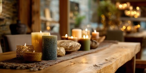 Warm dining space with candle arrangements on handcrafted wooden table
