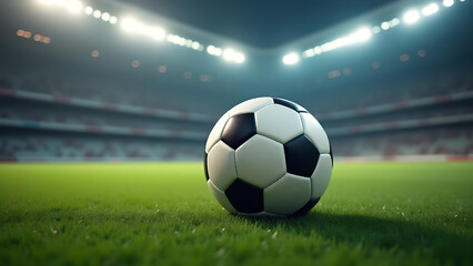 Classic soccer ball placed on a green grass field, stadium lights shining, sports photography