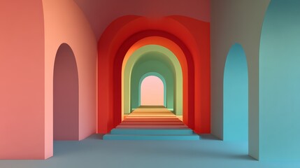 A vibrant and colorful hallway showcasing modern architectural design and elegance.