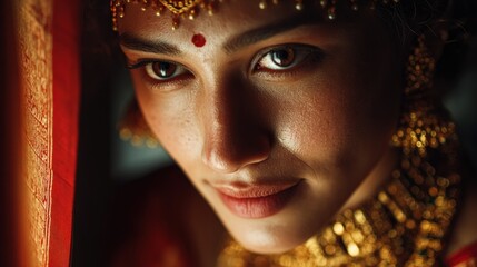 Close-up portrait of an Indian woman adorned in traditional jewelry