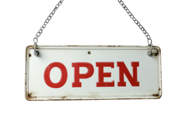 Sign indicating open status at a business location, featuring bold red letters on a white background, designed to attract customers during regular hours or special events
