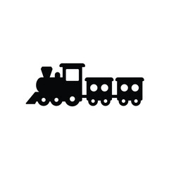 Simple black silhouette of a classic steam locomotive pulling two passenger cars on a white background