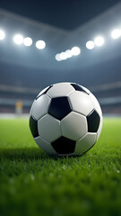 Fototapeta premium Classic soccer ball placed on a green grass field, vertical image.