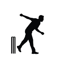 Cricket bowler in action with wickets sport game