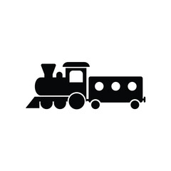 Simple black silhouette of a classic steam locomotive pulling a passenger carriage on a white background