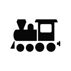 Simple silhouette of a classic steam locomotive engine with smoke stack and wheels isolated on white background