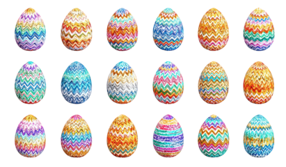 Collection of Pixel Art Easter Eggs with Colorful Geometric Patterns on Black Background
