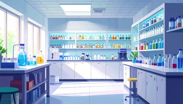 Bright lab with chemical containers and glassware. Clean lab with modern shelves and bottles. Scientific research laboratory with glass vials. Laboratory with chemicals and scientific tools