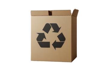 Cardboard recycling symbol displayed prominently on a cardboard box with a transparent background highlighting environmental sustainability efforts