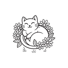 Adorable smiling cat lying in flowers. Hand-drawn sketch illustration of a cute kitty surrounded by daisies. Charming animal art for a tattoo, print, or coloring page.
