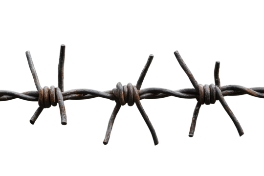 Three isolated strands of barbed wire with a low-resolution gigapixel effect highlighting their rugged texture