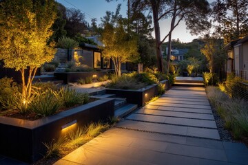 Obraz premium Modern minimalist outdoor landscape lighting enhances the beauty of this tranquil pathway during twilight hours in a serene residential area