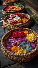 Vibrant flowers in woven baskets