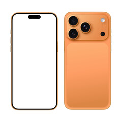 Orange Smartphone similar 17 pro max with blank white screen for Infographic, mobile app presentation, Global Business Marketing Plan, template mockup model on transparent Background