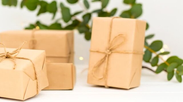 Brown Paper Wrapped Gifts Tied with String on White Table with Green Eucalyptus Branches and Bokeh Lighting Background for Adobe Stock