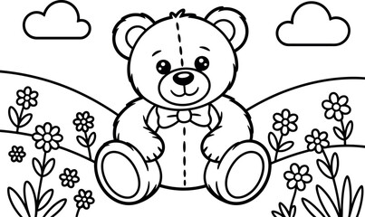 Adorable Teddy Bear in Flower Meadow, Black and White Line Art Illustration