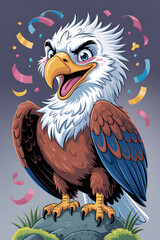 Joyful cartoon eagle celebrating with confetti, a symbol of freedom and achievement.