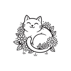 Adorable smiling cat lying in flowers. Hand-drawn sketch illustration of a cute kitty surrounded by daisies. Charming animal art for a tattoo, print, or coloring page.
