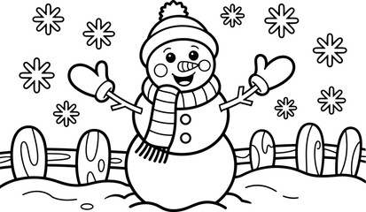 Cheerful cartoon snowman winter scene; black and white coloring page illustration.