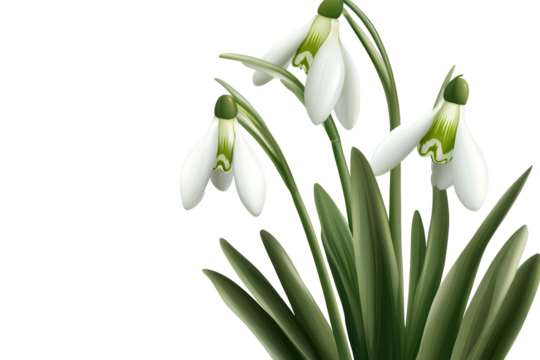 Spring snowdrop flowers bloom in delicate white and green colors, showcasing early signs of seasonal change in a gentle garden setting during daylight hours
