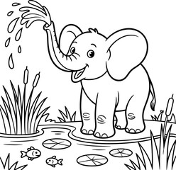 Playful Baby Elephant Sprinkling Water, Line Art, Childlike Illustration