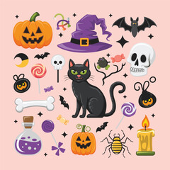 Halloween Illustration Pack – Black Cat, Pumpkins, Witch Hat, Skulls, Bat, Spider, Potion Bottle, Candy, Candle and Spooky Elements.
