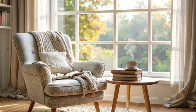 Cozy armchair with a warm blanket and book beside a window with sunlight streaming through, creating a peaceful reading nook. - Powered by Adobe