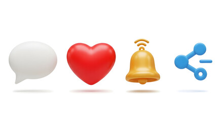 Social media icons with comment, heart, notification and share isolated on white background