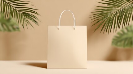 Minimalist shopping bag on a neutral background with green palm leaves.
