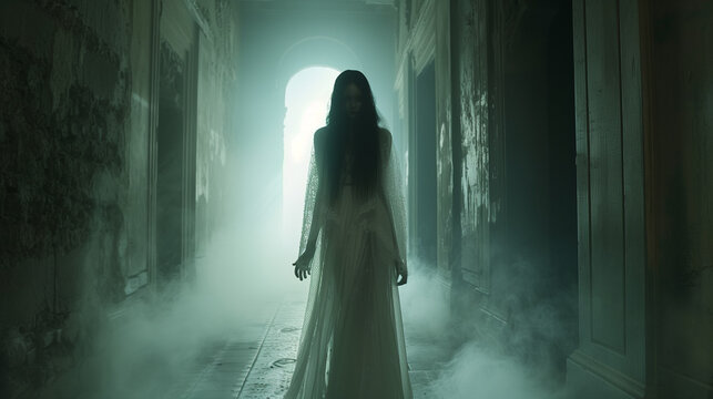 Terrifying Ghost Bride in Haunted Corridor with Mist