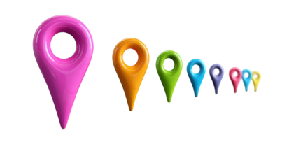 Colorful 3D Glossy Map Markers on Black Background