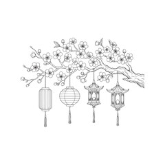 Black and white sketch of a blooming cherry blossom branch with traditional Asian lanterns. Hand-drawn illustration for Chinese New Year, Japanese festival, or tattoo design.
