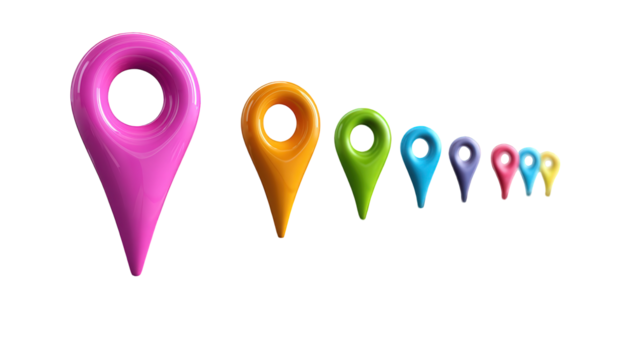 Colorful 3D Glossy Map Markers on Black Background