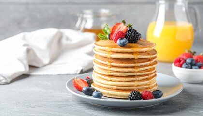 Delicious stack of golden pancakes with fresh berries and maple syrup.