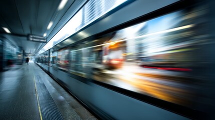 A blurred view of a train speeding through a modern urban station.