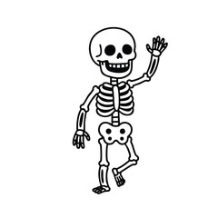 A cheerful skeleton warmly waves its hand, presented as a vibrant 2D flat vector illustration with minimalist clean lines and solid colors, isolated on a pure white background.