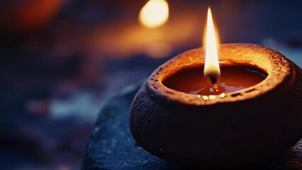 A lit candle glowing in the dark, surrounded by other unlit candles.
