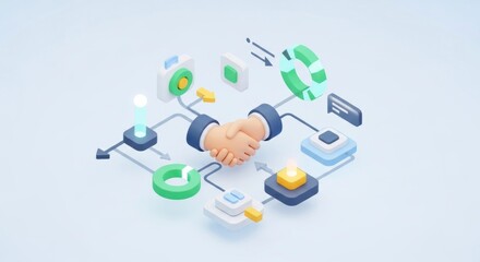 Handshake between two business figures with various icons and symbols around them.