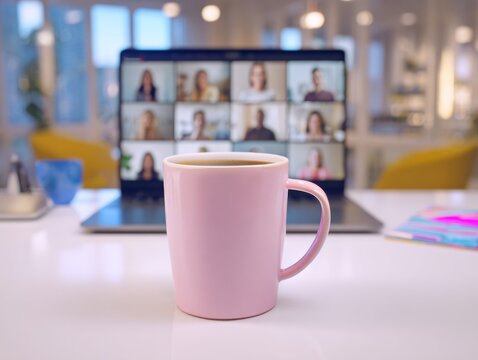 Cozy workspace with coffee and video conference for productive home office setup