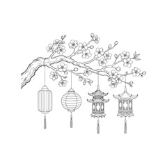 Black and white sketch of a blooming cherry blossom branch with traditional Asian lanterns. Hand-drawn illustration for Chinese New Year, Japanese festival, or tattoo design.
