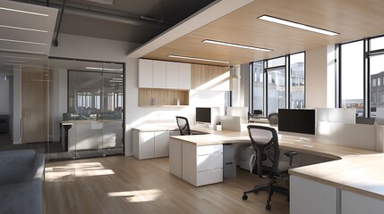Fototapeta premium Bright and Modern Office Space with Wood Accents and Ample Natural Light