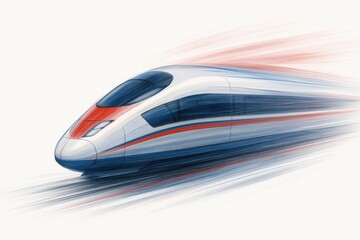 Dynamic high-speed train in motion with abstract red and blue motion blur on white background