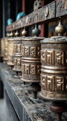 Prayer wheels lined up in a temple courtyard